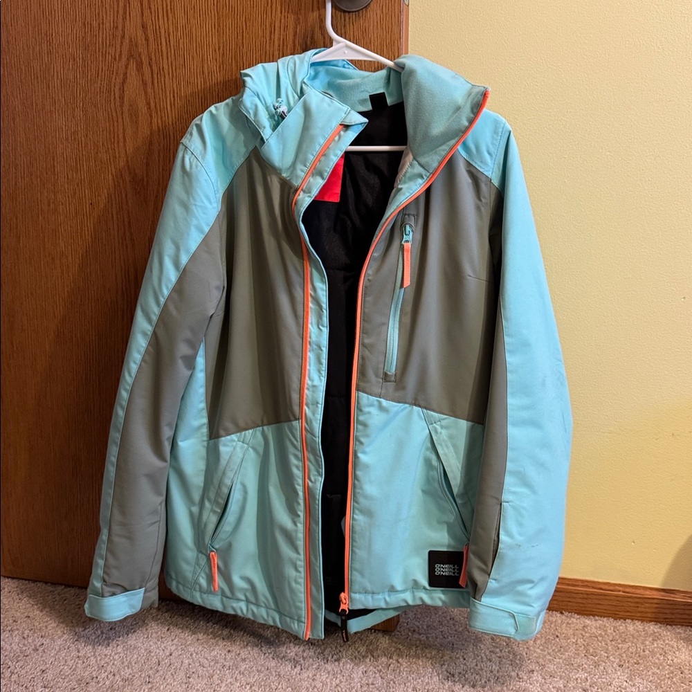 O’Neill winter ski jacket.  Aqua and Gray Hooded Jacket with Orange Accents.